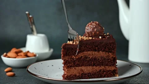 Eating chocolate cake. Taking a bite of chocolate cake with fork. Hazelnut cake Stock Footage 170495696