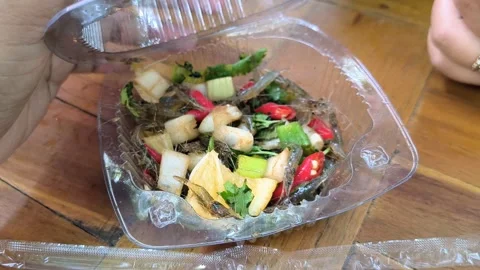 Eating Dancing shrimp salad or Goong Ten ( Yum Kung ten). Stock Footage 319069758