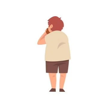 Eating Fat Boy, View from Behind, Cute Overweight Child Character Vector Stock Illustration