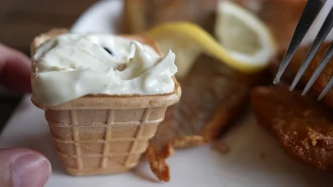 Eating fish and chips close up Stock Footage 172090943