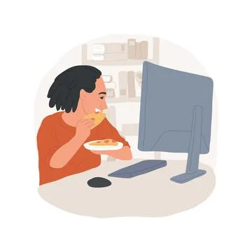 Eating in front of computer isolated cartoon vector illustration. Illustrazione stock