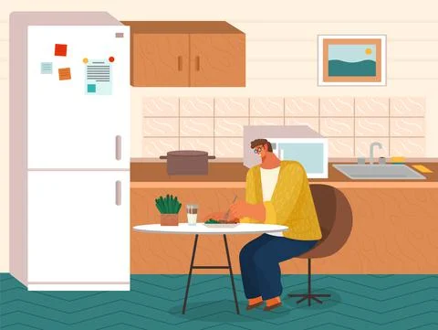 Eating guy at home, man sit alone at table, eat delicious food, stylish interior Stock Illustration