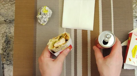 Eating a juicy chicken roll Point Of View POV Stock Footage 48439762