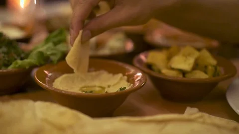 Eating Middle Eastern Pita Bread Leabanease Cuisine Stock Footage 92560731