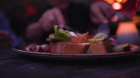 Eating Mixed Platter Tapas Shallow Depth of Field Video stock 92081345