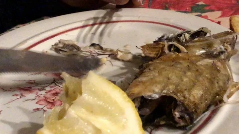 Eating mullet fish on the plate Stock Footage 122074966