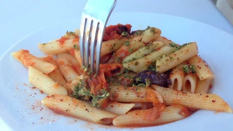 Eating Pasta With Fork Stock Footage 75020272