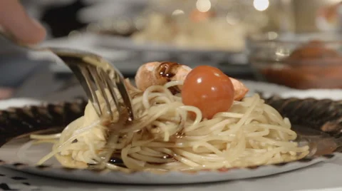 Eating pasta with shrimp Stock Footage 61081448