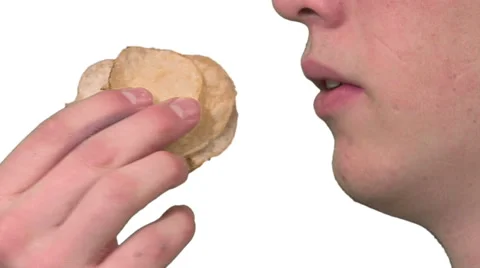 Eating potato chips, white background Stock Footage 49862479