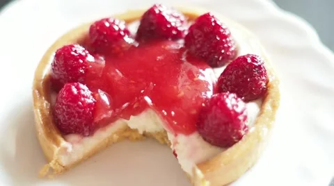 Eating a Raspberry Tart With a Fork and a Knife, Cutting a Piece,extreme Close Stock Footage 67430995