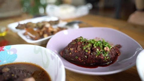 Eating raw spicy minced meat salad Video stock 100875666