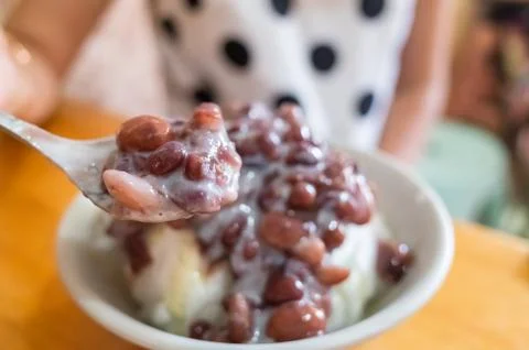 Eating red bean shaved ice Stock Photos