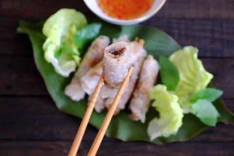 Eating spring roll pastry Foto stock