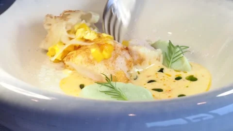 Eating a Stunning, cod fish and lemon beurre blanc sauce dish, Netherlands Stock Footage 274440568