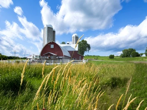 Eau Claire Wisconsin farm and red barn in picturesque scene of farming  outside Vidéo 75688053