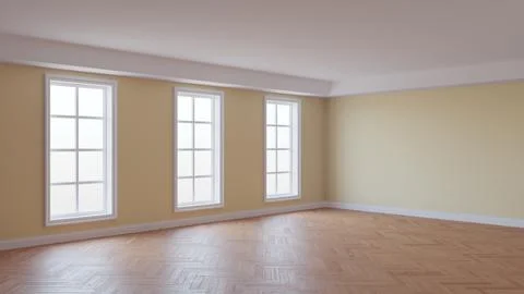 Eautiful Interior with Beige Walls, Three Large Windows, Glossy Parque Stock-Illustration