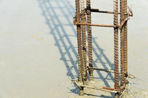 Ebar used to make house pillars Using rebar as a column with a cement floor b Stock Photos