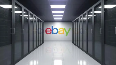 EBay Inc. logo on the wall of the server room. Editorial 3D rendering Stock Illustration