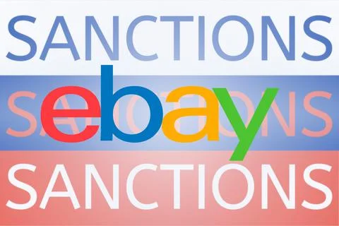 Ebay logo in front of the Russian flag. Sanctions against Russia over its Stock Illustration
