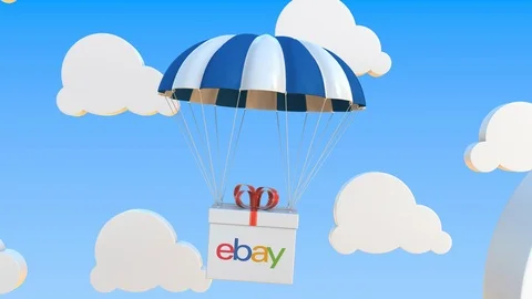 EBAY logo on moving box moves under parachute. Editorial loopable 3D animation Stock Footage 122767163