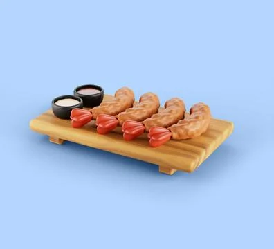 Ebi furai, deep fried breaded shrimp tempura 3d render icon. Crispy tiger prawn Ilustración de archivo