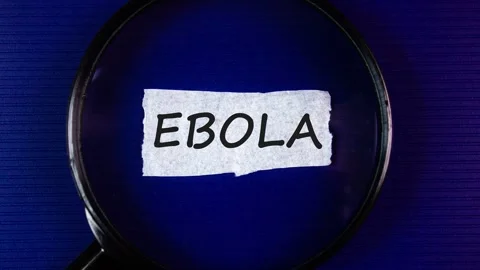 Ebola, disease text, word through a magnifying glass blue background,animation Видео 337005682