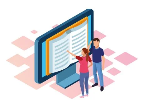 Ebook design of computer with book on screen and woman and man standing Stock Illustration