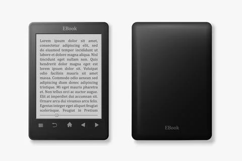 Ebook front and back view template. Black tablet with on screen text and control Stock Illustration