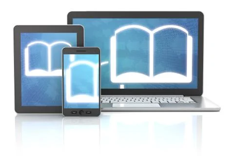 Ebook icons on smartphone, digital tablet and laptop, 3d render Stock Illustration
