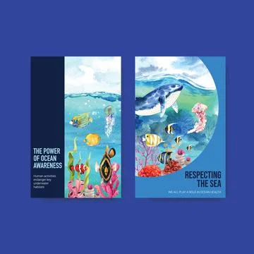 Ebook template design for World Oceans Day concept with marine animals waterc Stock Illustration