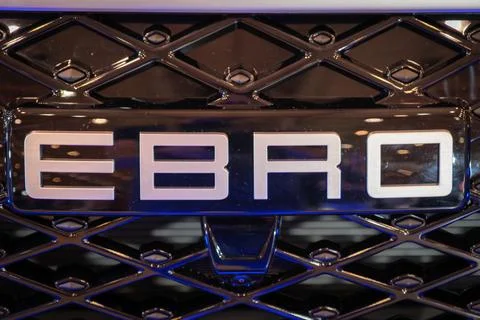 Ebro logo show stand at ECAR Show Lisbon Portugal Foto stock