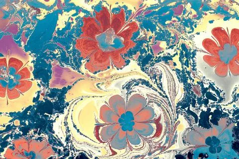 Ebru marble effect with floral pattern design for print 库存插图