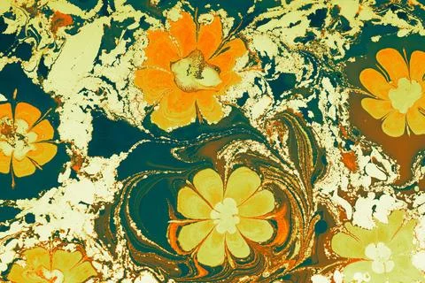 Ebru marble effect with floral pattern design for print Stock Photos