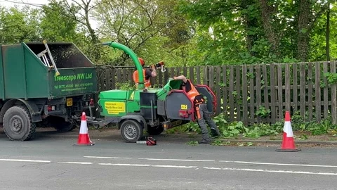 Eccleston, UK 7 May 2024: Roadside tree surgeons. STIHL removing excess foliage. Stock Footage 274542543