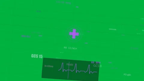 ECG-triggered ringed cross and panel pulsing, drifting dots streaming vitals on Stock Footage 329532314