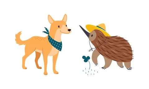 Echidna in Yellow Hat and Dingo Dog with Neckcloth as Australian Animal Vector Stock Illustration