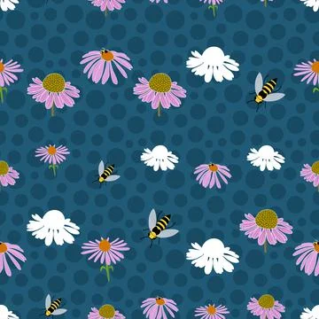 Echinacea on blue dots background, seamless pattern design Stock Illustration