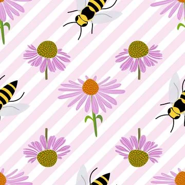 Echinacea floral vector seamless pattern design on purple stripes Stock Illustration