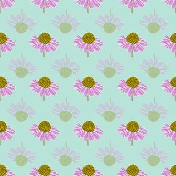 Echinacea flower vector repeat pattern, pastel green background Stock Illustration