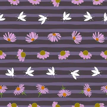 Echinacea flowers seamless pattern design on grey purple stripes Stock Illustration