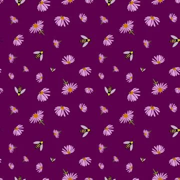 Echinacea flowers seamless pattern design on purple background Stock Illustration