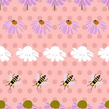 Echinacea flowers seamless pattern on polka dots, pastel pink background Stock Illustration