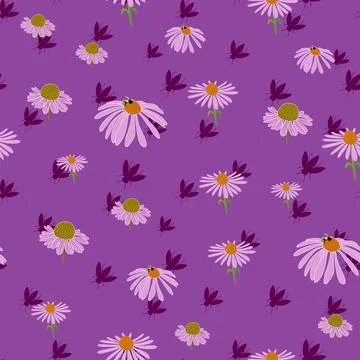 Echinacea flowers seamless vector pattern on purple Stock Illustration