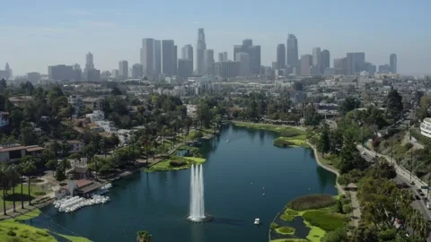 Echo Park Flyover Toward Los Angeles Skyline With Highway 101 Stock Footage 346662399