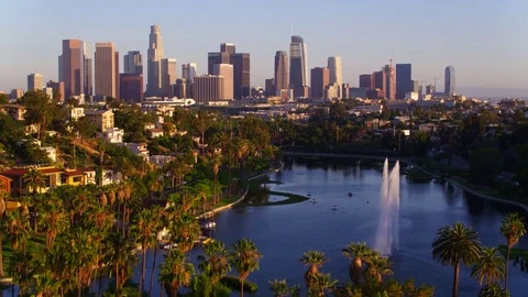 Echo Park Fountains with view of Downtown Los Angeles Stock Footage