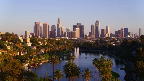 Echo Park Fountains with view of Downtown Los Angeles by Aerial Drone Stock Footage