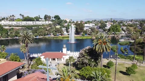 Echo Park Lake Aerial Drone View DTLA Downtown Los Angeles California USA Stock Footage 133545248