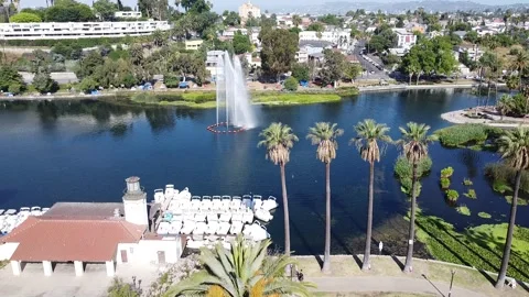 Echo Park Lake Aerial Drone View DTLA Downtown Los Angeles California USA Stock Footage 133545272