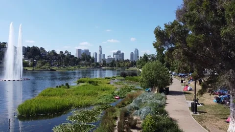 Echo Park Lake Aerial Drone View DTLA Downtown Los Angeles California USA Stock Footage 133545459