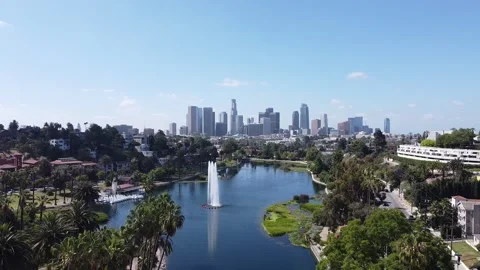 Echo Park Lake Aerial Drone View DTLA Downtown Los Angeles California USA Stock Footage 133545472